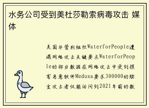 水务公司受到美杜莎勒索病毒攻击 媒体
